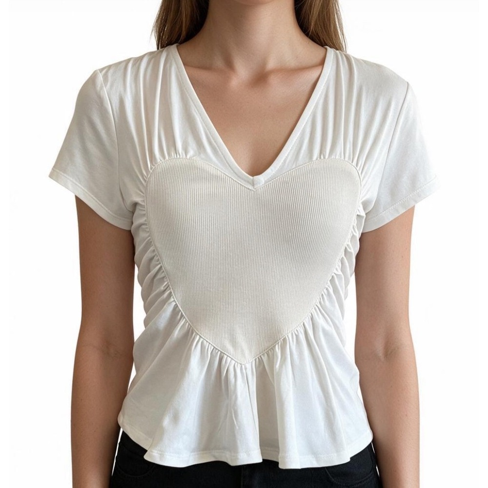 MAEVE Anthropologie WHITE T-SHIRT STOP Cream Ribbed Heart Front Cotton/Spandex S